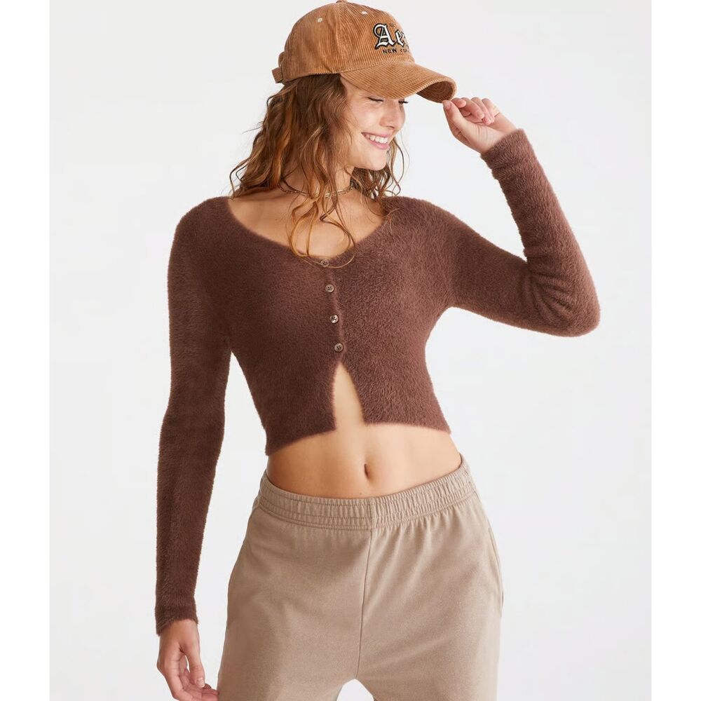 Aeropostale Women Brown Bella Eyelash Button-Front Cropped Cardigan Sweater S